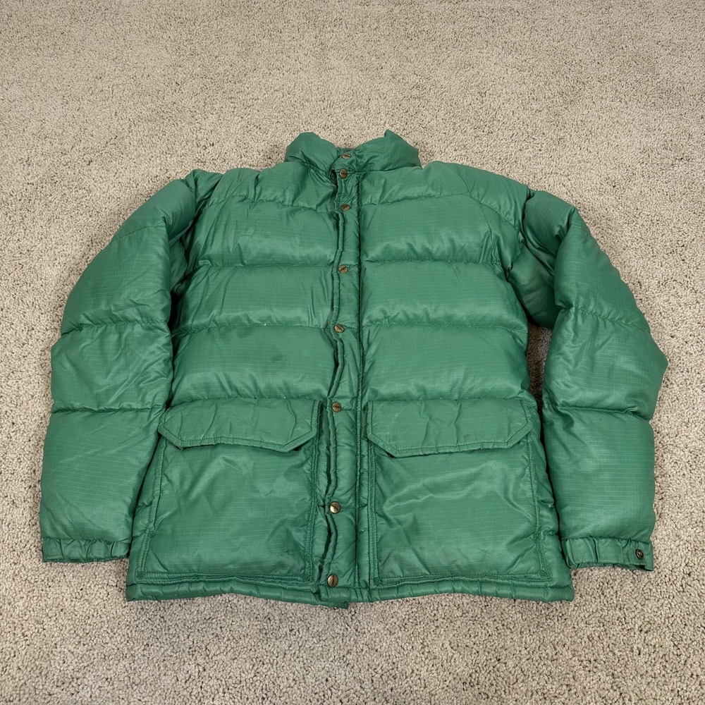 Vintage Camp 7 Down Puffer Jacket Mens XS Green Nylon Snap Front 70s